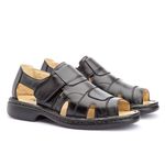 Sandália Masculina Conforto Velcro em Couro Legítimo Preto