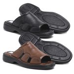 Kit 02 Chinelos Masculinos Conforto Couro Carneiro Havana e Preto