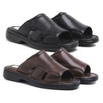 Kit 02 Chinelos Masculinos Conforto Couro Carneiro Preto e Pinhão