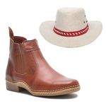Kit Botina Masculina Couro Pinhão + Chapéu Estilo Americano Juta Bege e Vermelho