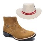 Kit Bota Masculina Country Couro Nobuck Castor + Chapéu Estilo Americano Juta Bege e Vermelho