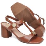 Sandália Social Feminina Saltinho Grosso Em Couro Confortavel