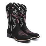 Bota Country Texana Feminina Couro Legítimo Bordado Boots Country - 299 - Preto Rosa