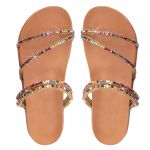 Sandália Rasteira Feminina DalilahShop | Tiras Finas com Pedrarias Coloridas e Brilho Intenso | Confortável, Moderna e Elegante | Ideal para Looks Casuais e Festas Bege