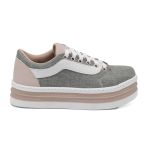 Tênis Casual Flat Form Amarrar detalhe Lateral DK Shoes Branco e Cinza