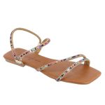 Sandália Rasteira Feminina Casual com Tiras E Pedras Delicadas Castanho