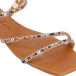 Sandália Rasteira Feminina Casual com Tiras E Pedras Delicadas Castanho