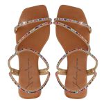 Sandália Rasteira Feminina Casual com Tiras E Pedras Delicadas Castanho