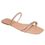 Sandália Rasteira Feminina Casual com Tiras Duas Delicadas com Brilho Nude