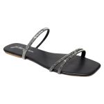 Sandália Rasteira Feminina Casual com Tiras Duas Delicadas com Brilho Preto