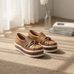 Tênis Slip On Calce Facil Nó Frontal Sola Alta Caramelo