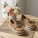 Tênis Slip On Calce Facil Nó Frontal Sola Alta Caramelo