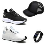 KIT 2 Pares Tênis Casual Esportivo Masculino Confortável + Relógio+Boné 