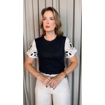 T-shirt Feminina Manga Bordada - Preto - Cod 535