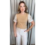 T-shirt Feminina Manga Bordada - Nude - Cod 535