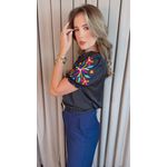 Blusa Feminina Manga Bordada Colorida - Preto - Cod 529