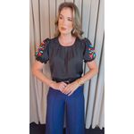 Blusa Feminina Manga Bordada Colorida - Preto - Cod 529