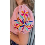 Blusa Feminina Manga Bordada Colorida - Rosa - Cod 529