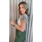 T-shirt Feminina Manga Crochê Delicada - Branca/ Verde - Cod 526