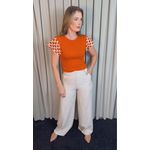 T-shirt Feminina Manga Crochê Delicada - Terracota/ Branca - Cod 526