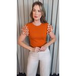 T-shirt Feminina Manga Crochê Delicada - Terracota/ Branca - Cod 526