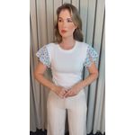 T-shirt Feminina Manga Crochê Delicada - Branca/ Azul - Cod 526