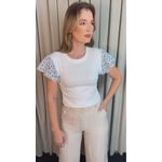 T-shirt Feminina Manga Crochê Delicada - Branca/ Azul - Cod 526