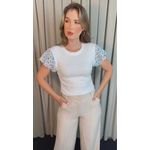 T-shirt Feminina Manga Crochê Delicada - Branca/ Azul - Cod 526