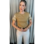 T-Shirt Feminina Manga Bordada - Nude - Cod 279