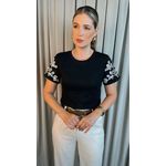 T-Shirt Feminina Manga Bordada - Preto - Cod 279 