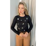 Blusa Feminina Manga Longa Em Trico Bordada - Preto - Cod 266