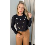 Blusa Feminina Manga Longa Em Trico Bordada - Preto - Cod 266