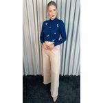 Blusa Feminina Em Tricô Com Aplicação De Flores - Cod 266 - Azul Marinho