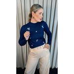 Blusa Feminina Em Tricô Com Aplicação De Flores - Cod 266 - Azul Marinho