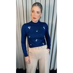 Blusa Feminina Em Tricô Com Aplicação De Flores - Cod 266 - Azul Marinho