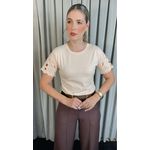 T-Shirt Feminina Manga Bordada Flores - Bege- Cod 272