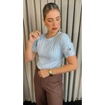 T-Shirt Feminina Manga Bordada Flores - Azul- Cod 272