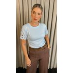 T-Shirt Feminina Manga Bordada Flores - Azul- Cod 272