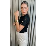 T-Shirt Feminina Manga Bordada Flores - Preto- Cod 272