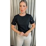 T-Shirt Feminina Manga Bordada Flores - Preto- Cod 272