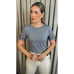 T-Shirt Feminina Manga Bordada Flores - Chumbo- Cod 272