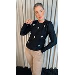 Blusa Feminina Em Tricô Com Aplicação De Flores - Cod 271 - Preta
