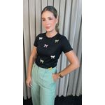 T-shirt Feminina Bordada Laço - Preta - Cod 227