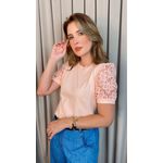 T-shirt Feminina Manga Bordada - Coral - Cod 553