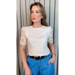 T-shirt Feminina Manga Bordada - Off White - Cod 553
