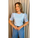 T-shirt Feminina Manga Bordada - Azul - Cod 553