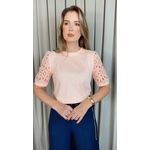 T-shirt Feminina Com Detalhe Na Manga Bordada - Rosa - Cod 542