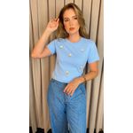 T-shirt Feminina Com Detalhe Florzinha - Azul - Cod 537