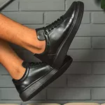 Sapato Casual Masculino Preto Pto Em Couro de Amarrar 5505 Preto+Preto