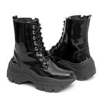Bota Coturno Plataforma Alta Tratorada Cano Curto 6001 Preto Verniz